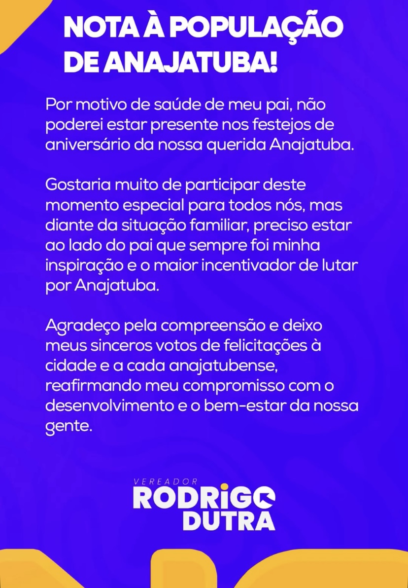 Presidente da Câmara, Rodrigo Dutra, deixa nota à população por ausência nas festividades Presidente da Câmara, Rodrigo Dutra, deixa nota à população por ausência nas festividades